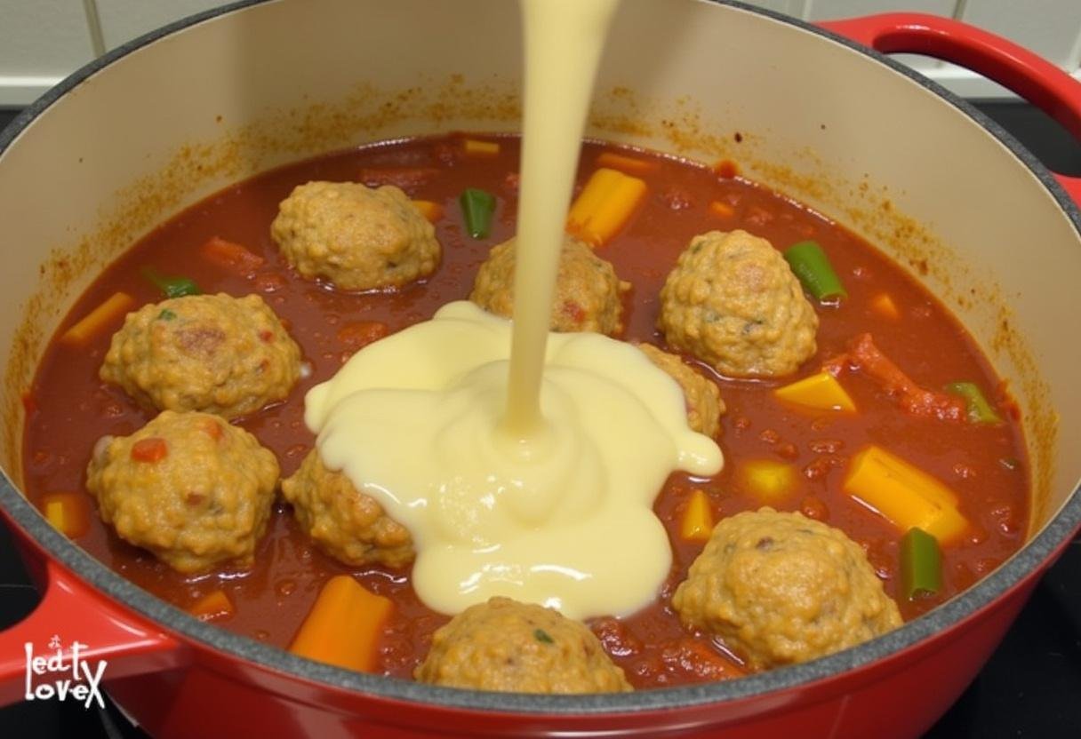 Combining meatballs and creamy paprika sauce for Hackbällchen.