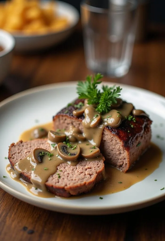 Servierter Hackbraten Helene à la Elli mit cremiger Pilzsauce und frischer Petersilie auf dem Esstisch.