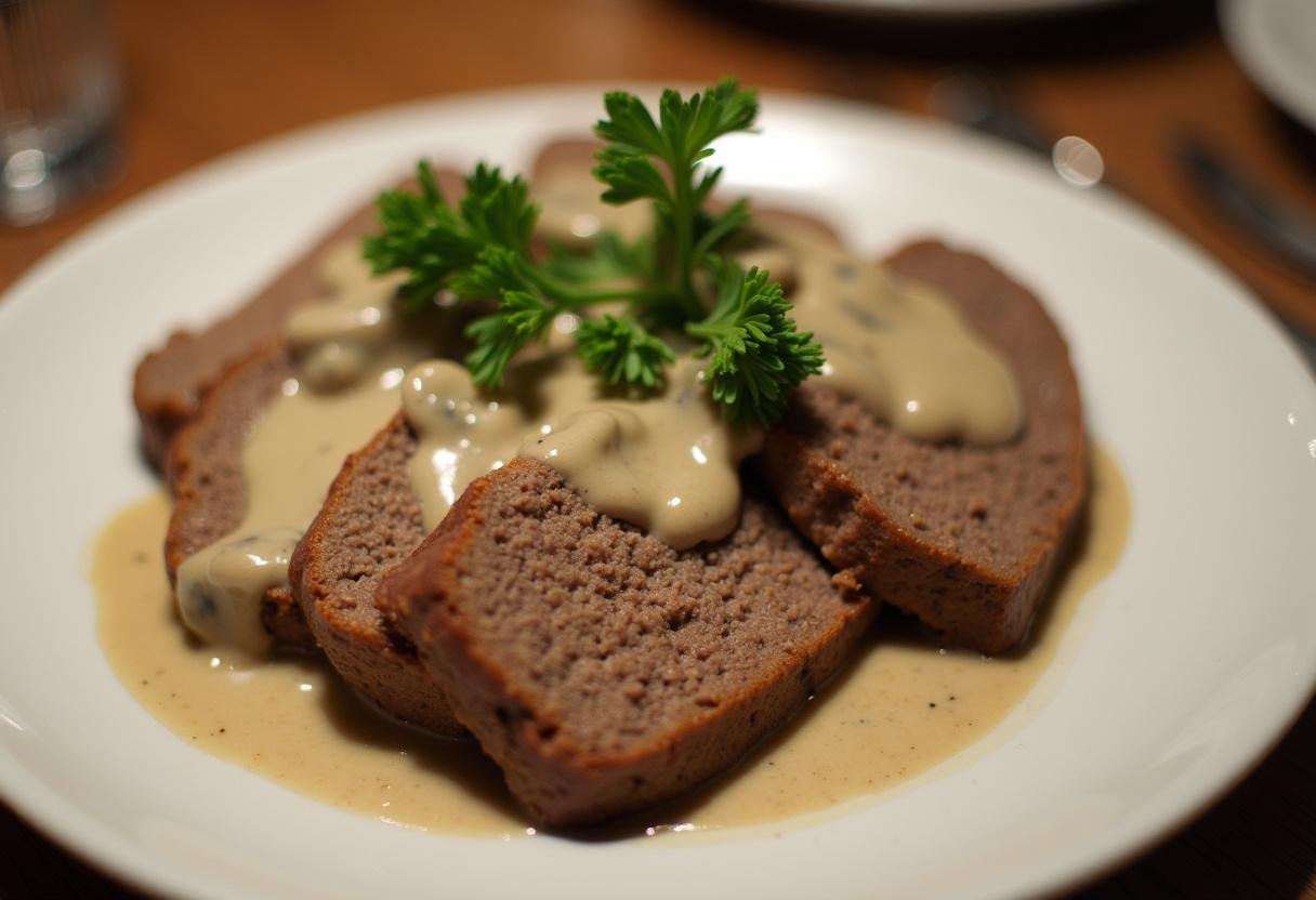 Servierter Hackbraten Helene à la Elli mit cremiger Pilzsauce und frischer Petersilie auf dem Esstisch.