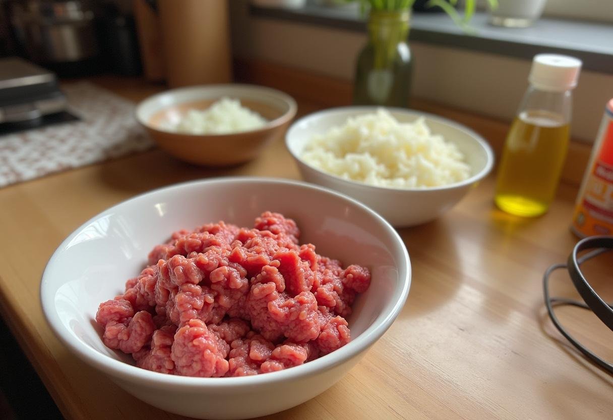 Zutaten für Hackbraten Helene à la Elli: Hackfleisch, Zwiebeln und Semmelbrösel auf der Küchenarbeitsplatte.