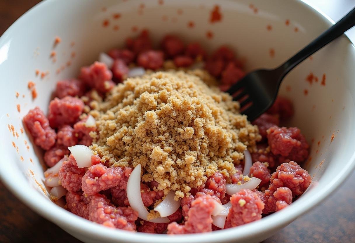Hackfleischmischung für Hackbraten Helene à la Elli in einer großen Schüssel wird gut vermengt.