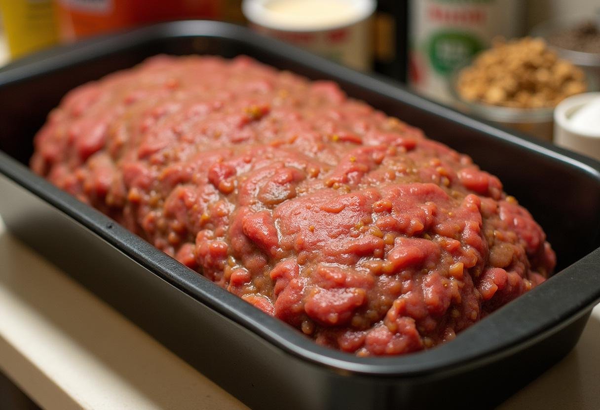 Formierter Hackbraten in einer Auflaufform, bevor er in den Ofen kommt, für Hackbraten Helene à la Elli.