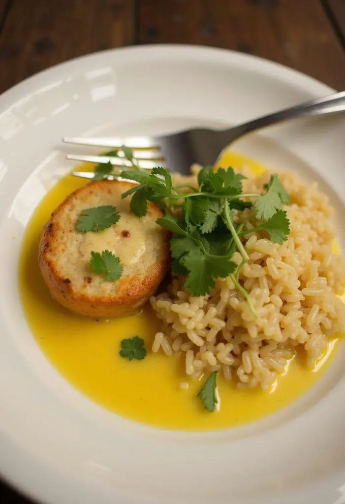 Fertige Hähnchen-Pfanne mit Kokosmilch, serviert mit Reis und frischem Koriander.