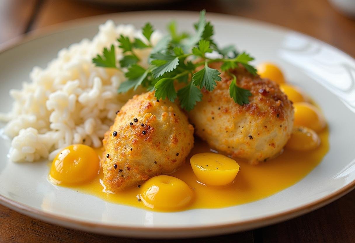 Fertige Hähnchen-Pfanne mit Kokosmilch, serviert mit Reis und frischem Koriander.