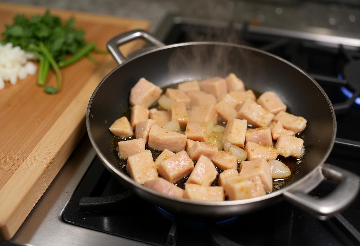 Hähnchenstücke werden in einer Pfanne mit Zwiebeln und Knoblauch angebraten für die Hähnchen-Pfanne mit Kokosmilch.