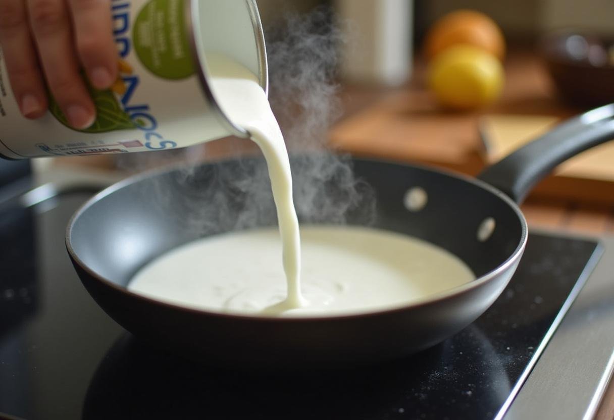 Kokosmilch wird in die Pfanne für die Hähnchen-Pfanne gegossen.