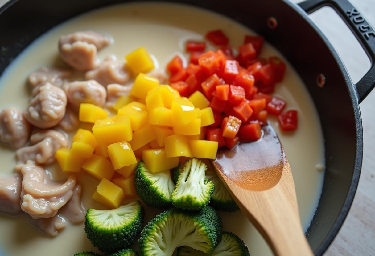 Gemüse wird der Hähnchen-Pfanne mit Kokosmilch hinzugefügt.