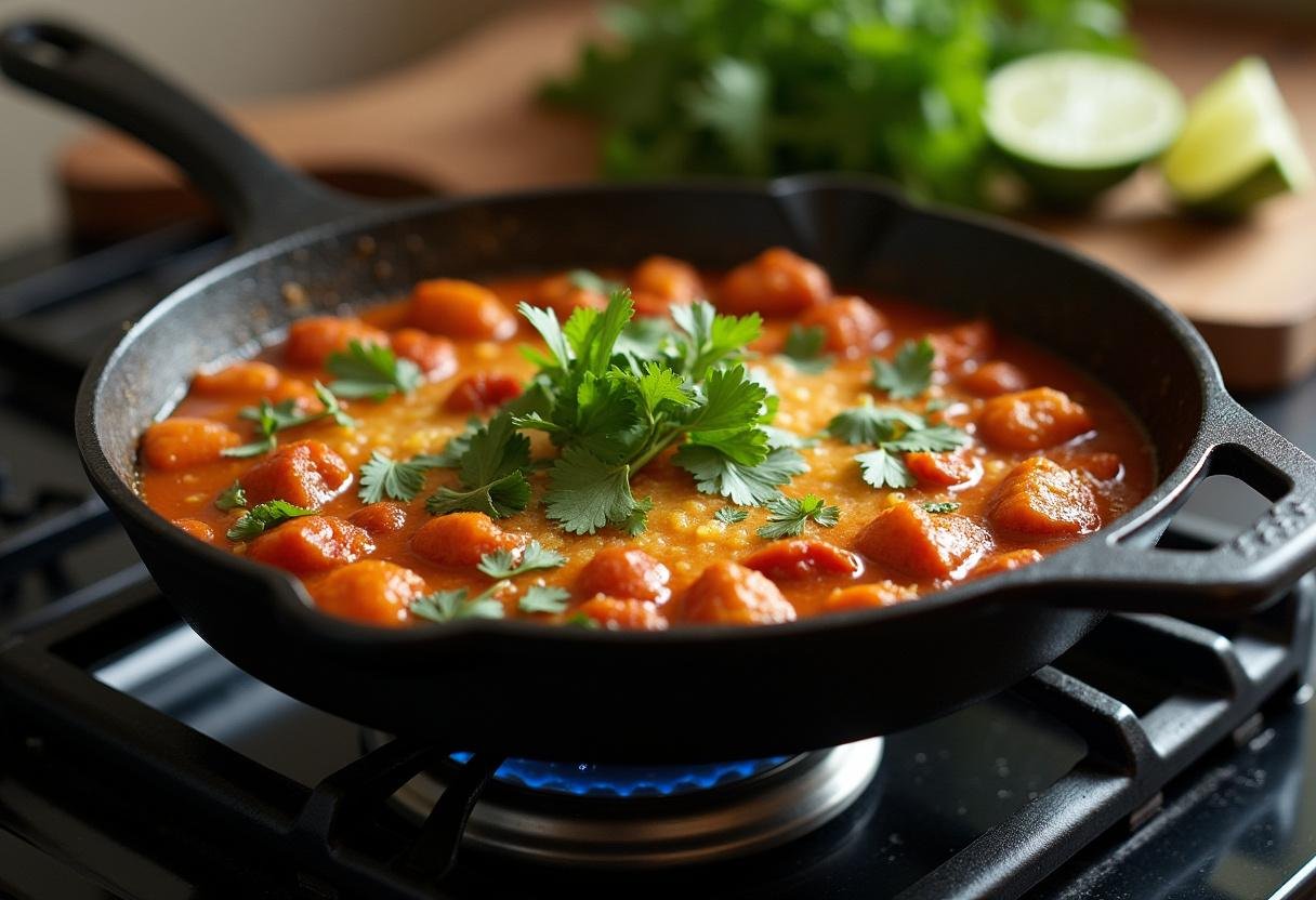 Hähnchen-Pfanne mit Kokosmilch köchelt auf dem Herd, garniert mit Koriander und Limettenspalten.
