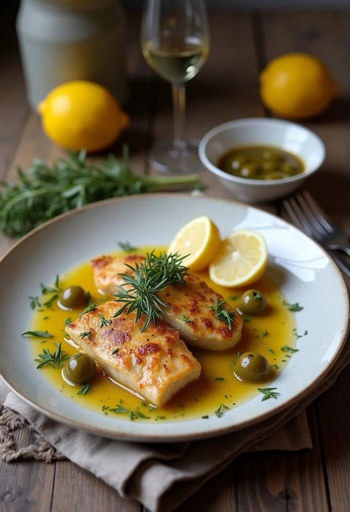 Served Hähnchen in Zitronen-Spinat-Sauce mit Oliven, featuring olives and lemon, ready to enjoy.