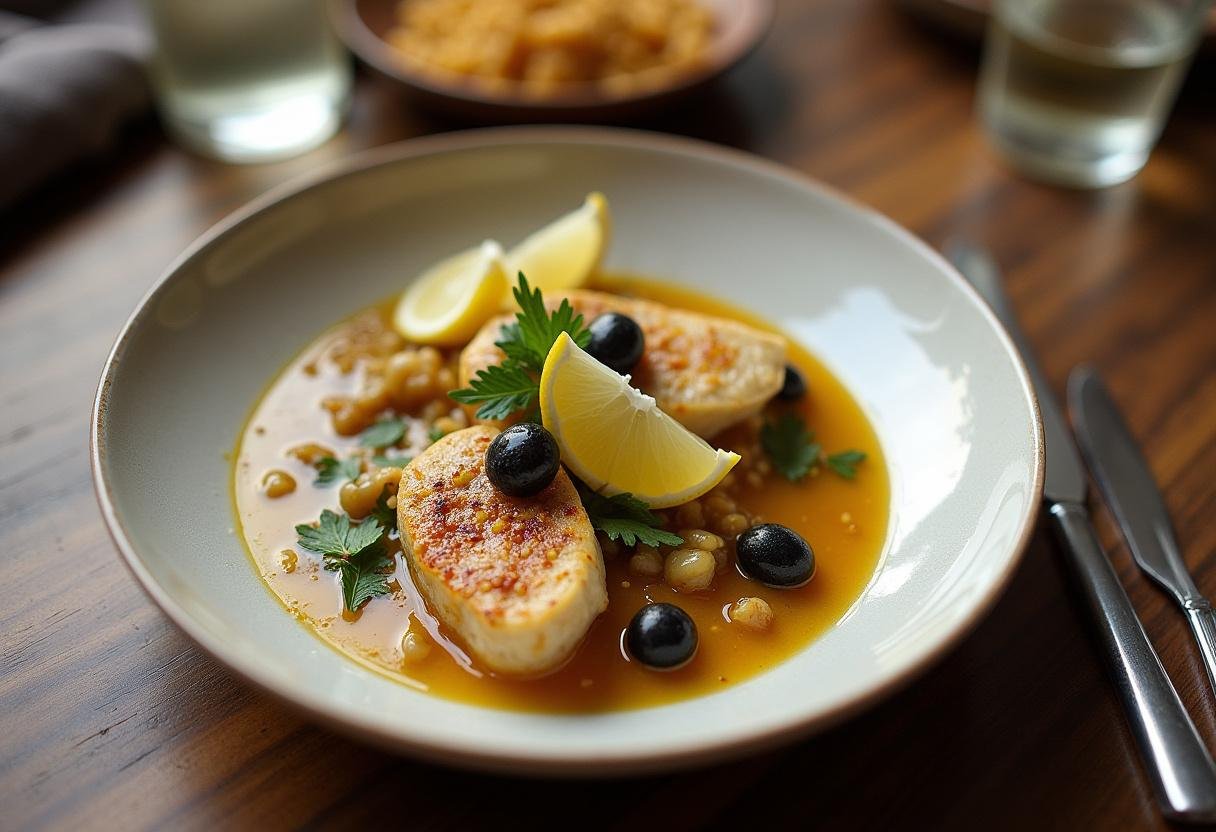 Serviertes Hähnchen in Zitronen-Spinat-Sauce mit Oliven, mit Oliven und Zitrone, fertig zum Genießen.