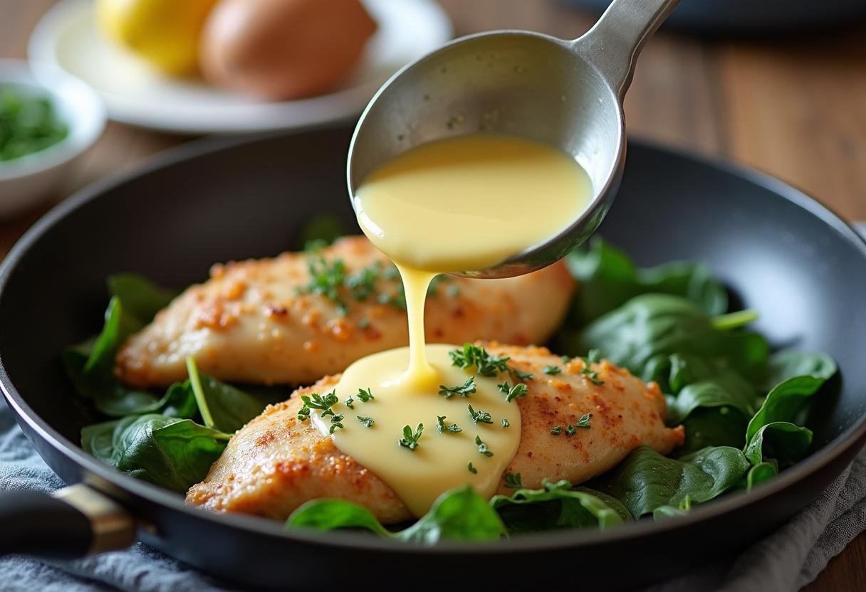 Cremige Zitronensauce wird zu Hähnchen und Spinat für Hähnchen in Zitronen-Spinat-Sauce mit Oliven hinzugefügt.