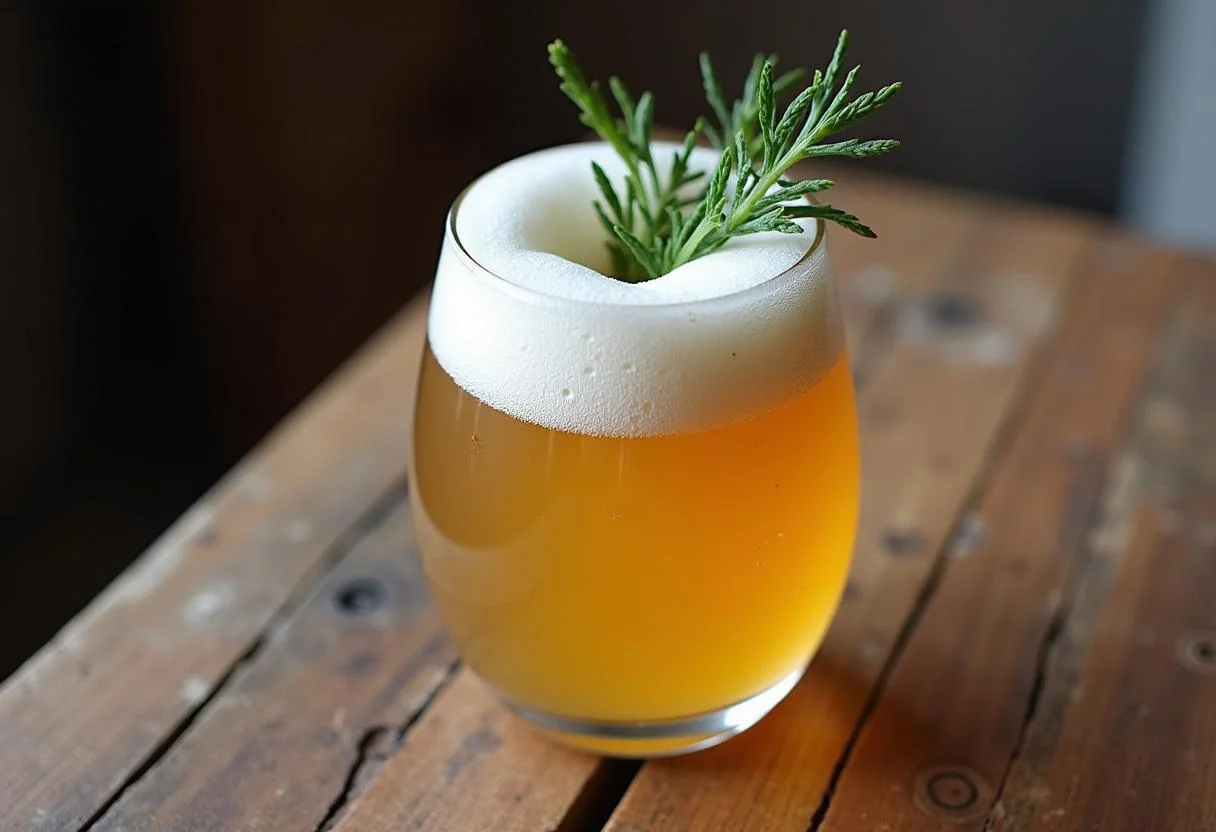 Fertiger Herby Federweißer in einem Glas mit frischen Kräutern, ideal für gesellige Anlässe.