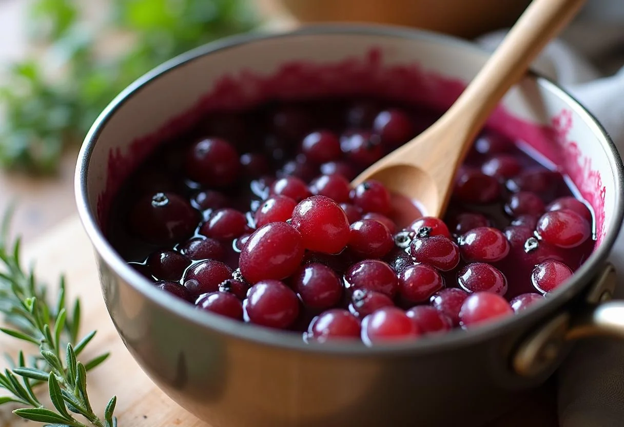 Stirring crushed grapes for Herby Federweißer with fresh herbs.