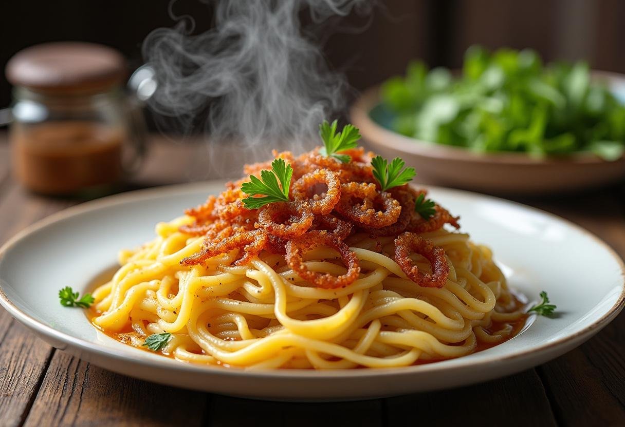 Fertige herzhafte Käsespätzle Deluxe mit knusprigen Zwiebeln und Petersilie garniert.