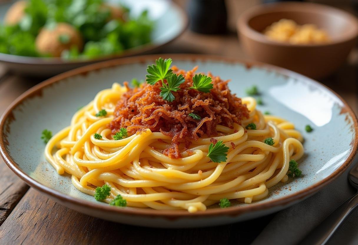 Fertige herzhafte Käsespätzle Deluxe mit knusprigen Zwiebeln und Petersilie garniert.