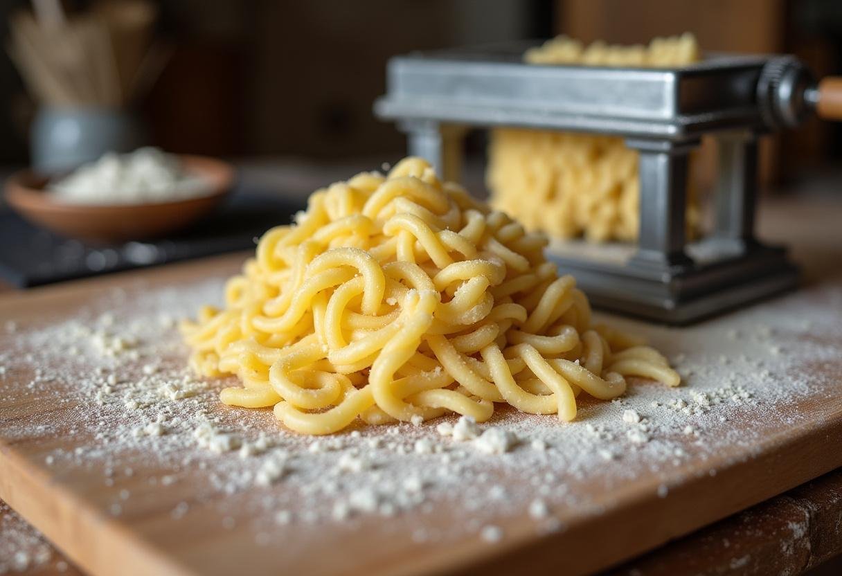 Frischer Spätzle-Teig auf einem Holzbrett bereit zum Pressen für Käsespätzle Deluxe.