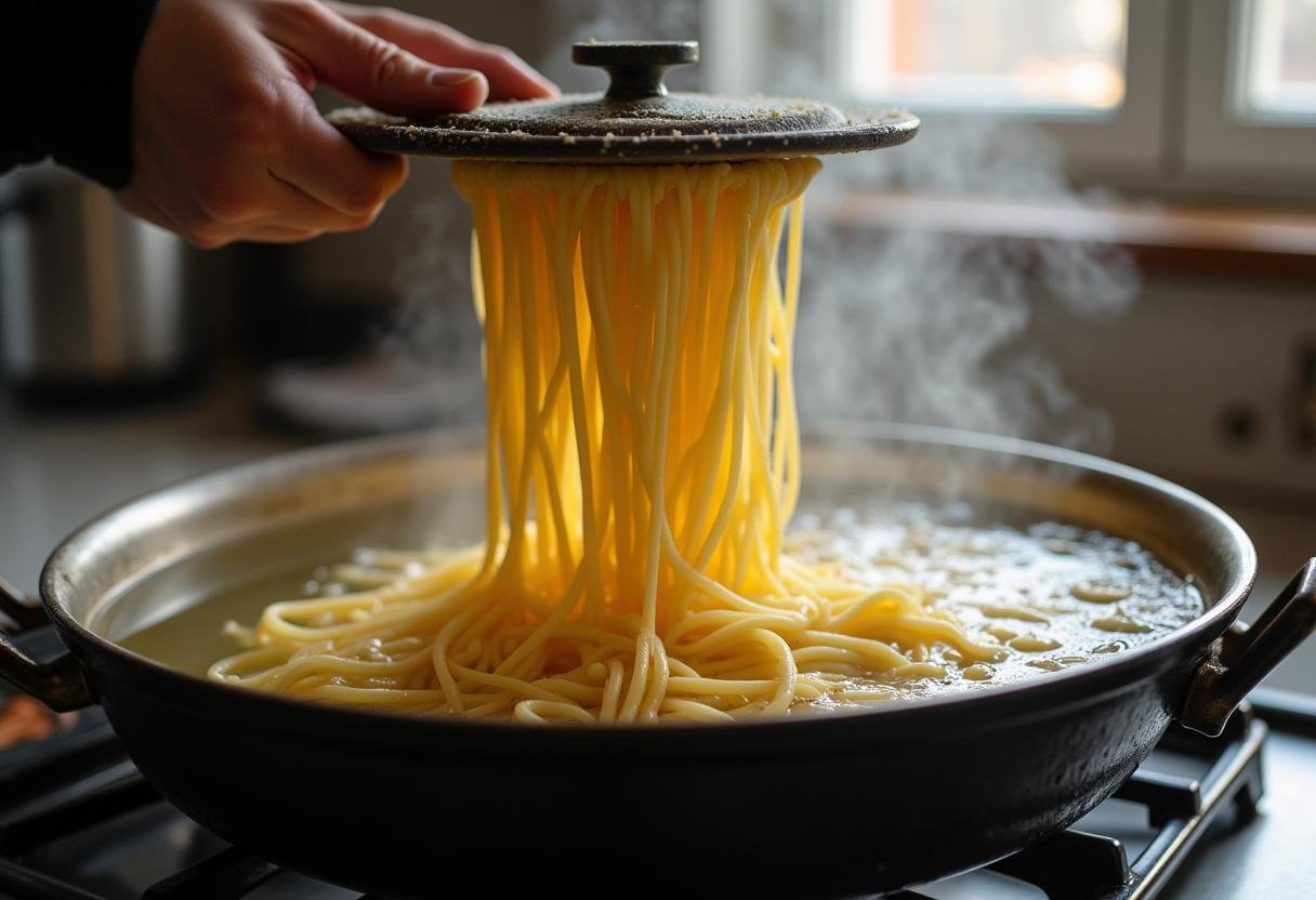 Spätzle werden in kochendes Wasser gepresst für herzhafte Käsespätzle Deluxe.