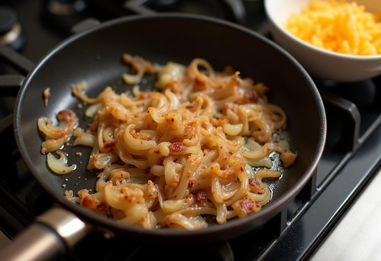 Butter und karamellisierte Zwiebeln in einer Pfanne für Käsespätzle Deluxe.