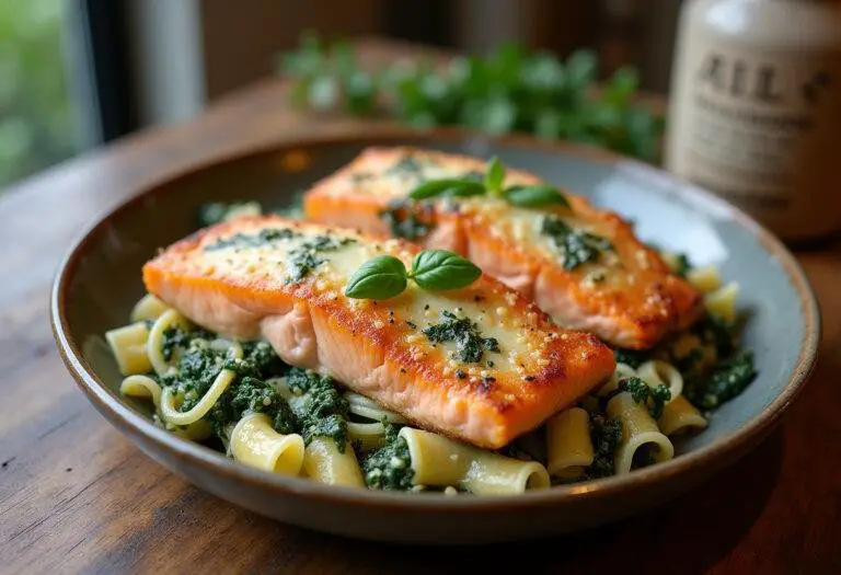 Fertiger Lachs Spinat Auflauf, perfekt angerichtet auf einem Tisch.