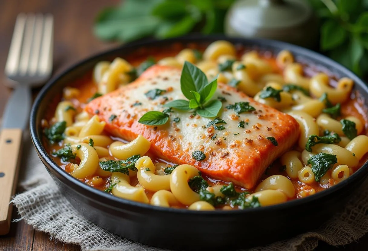 Fertiger Lachs Spinat Auflauf, perfekt angerichtet auf einem Tisch.