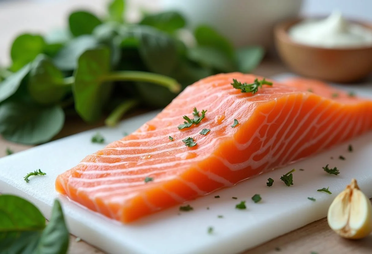 Frischer Lachs auf einem Schneidebrett mit Spinat und Zutaten für Lachs Spinat Auflauf.