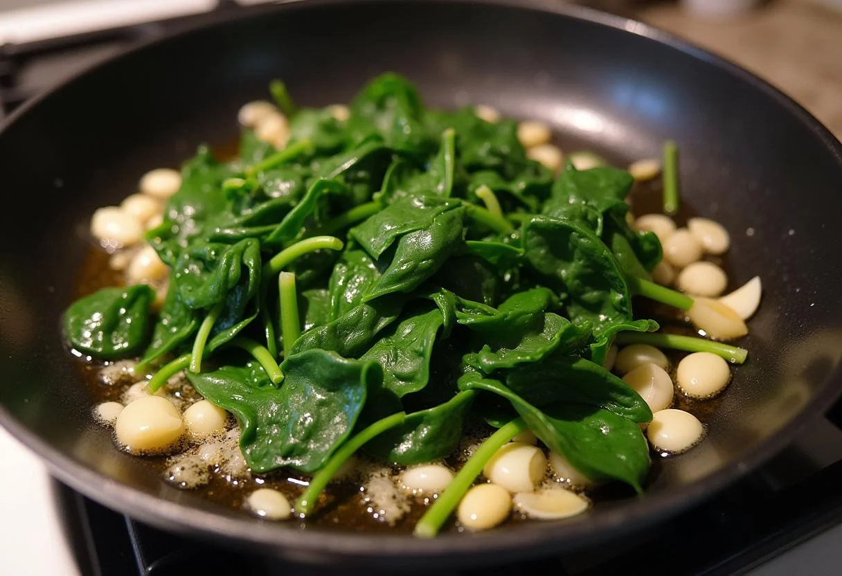 Knoblauch wird in einer Pfanne mit Spinat für Lachs Spinat Auflauf angebraten.