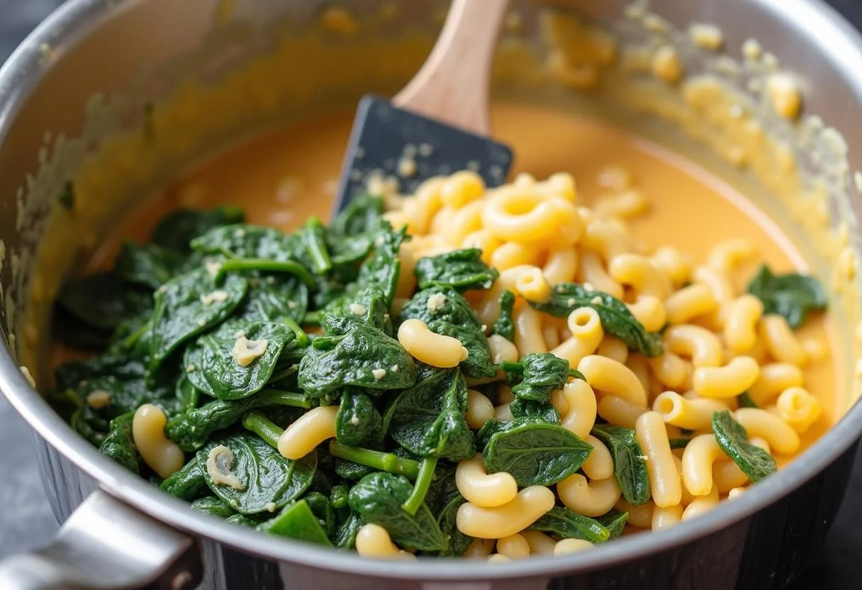 Cremefüllung wird mit Spinat und Pasta für Lachs Spinat Auflauf vermischt.