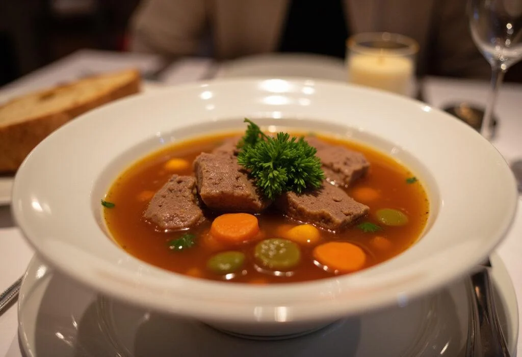 Hochzeitssuppe mit Rindfleisch, garniert mit Petersilie und serviert mit knusprigem Brot, perfekt für festliche Anlässe.