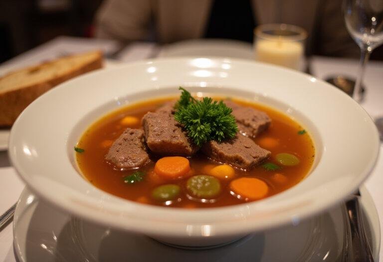 Hochzeitssuppe mit Rindfleisch, garniert mit Petersilie und serviert mit knusprigem Brot, perfekt für festliche Anlässe.