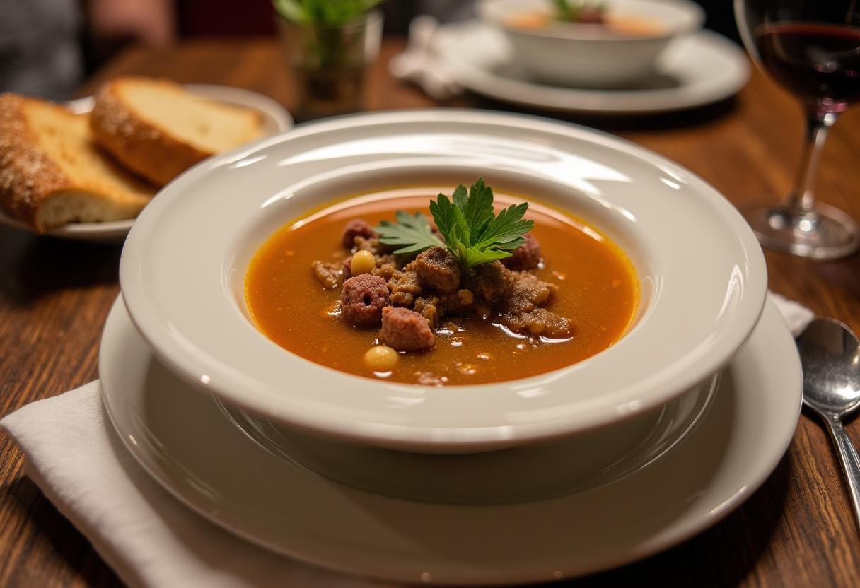 Hochzeitssuppe mit Rindfleisch, garniert mit Petersilie und serviert mit knusprigem Brot, perfekt für festliche Anlässe.