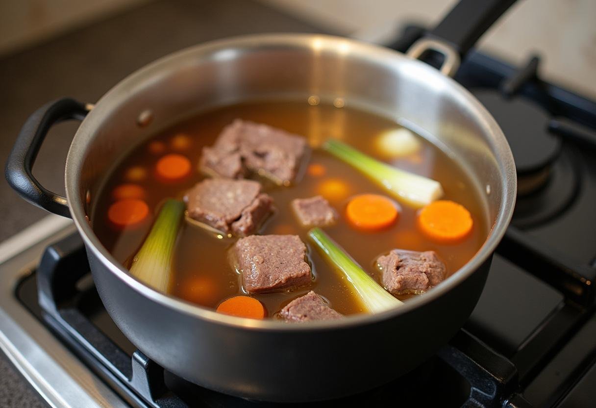 Klare Rinderbrühe mit Gemüse und Rindfleisch für Hochzeitssuppe köcheln lassen.