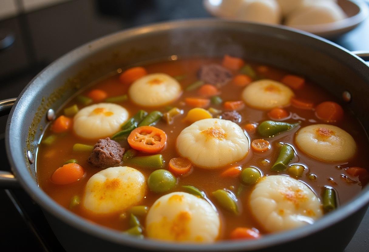 Hochzeitssuppe mit Rindfleisch und Gemüse, angedickt mit Grießklößchen.
