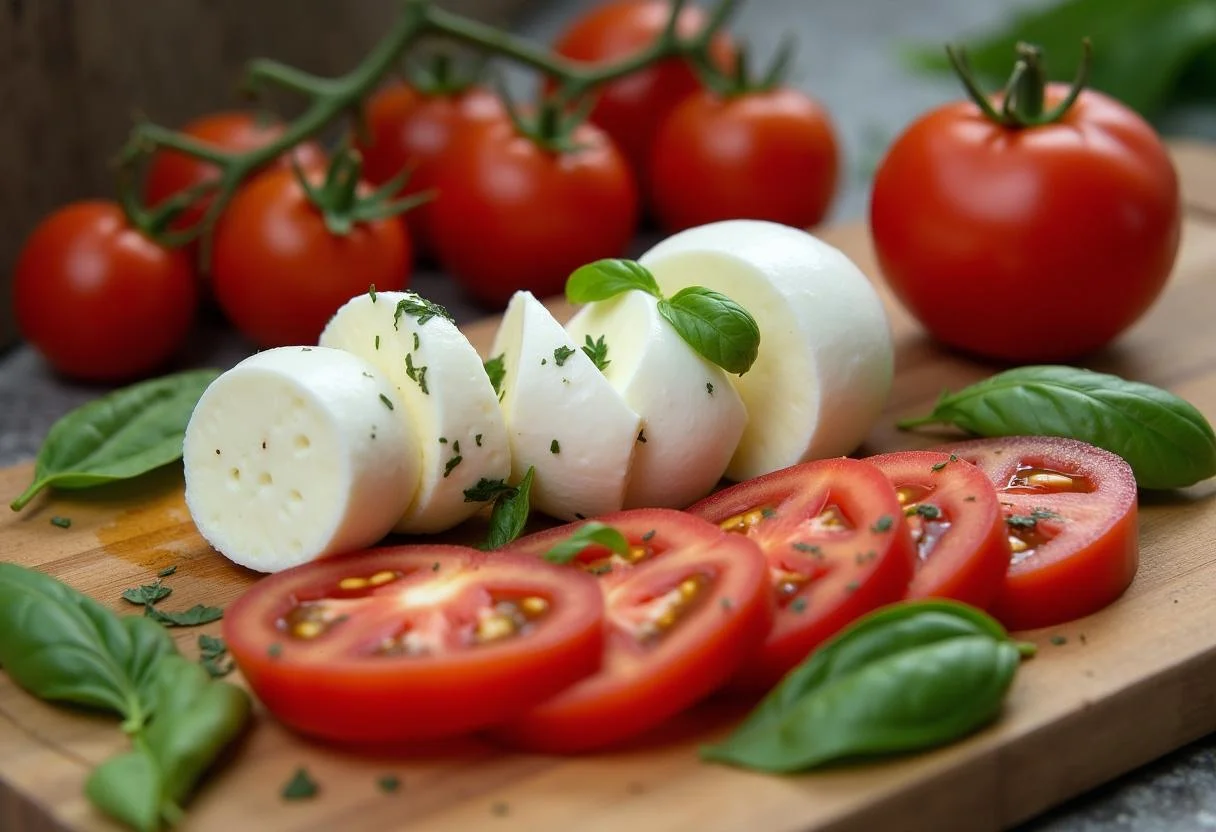 Zutaten für den italienischen Tomate Mozzarella Salat: geschnittene Tomaten und Mozzarella.