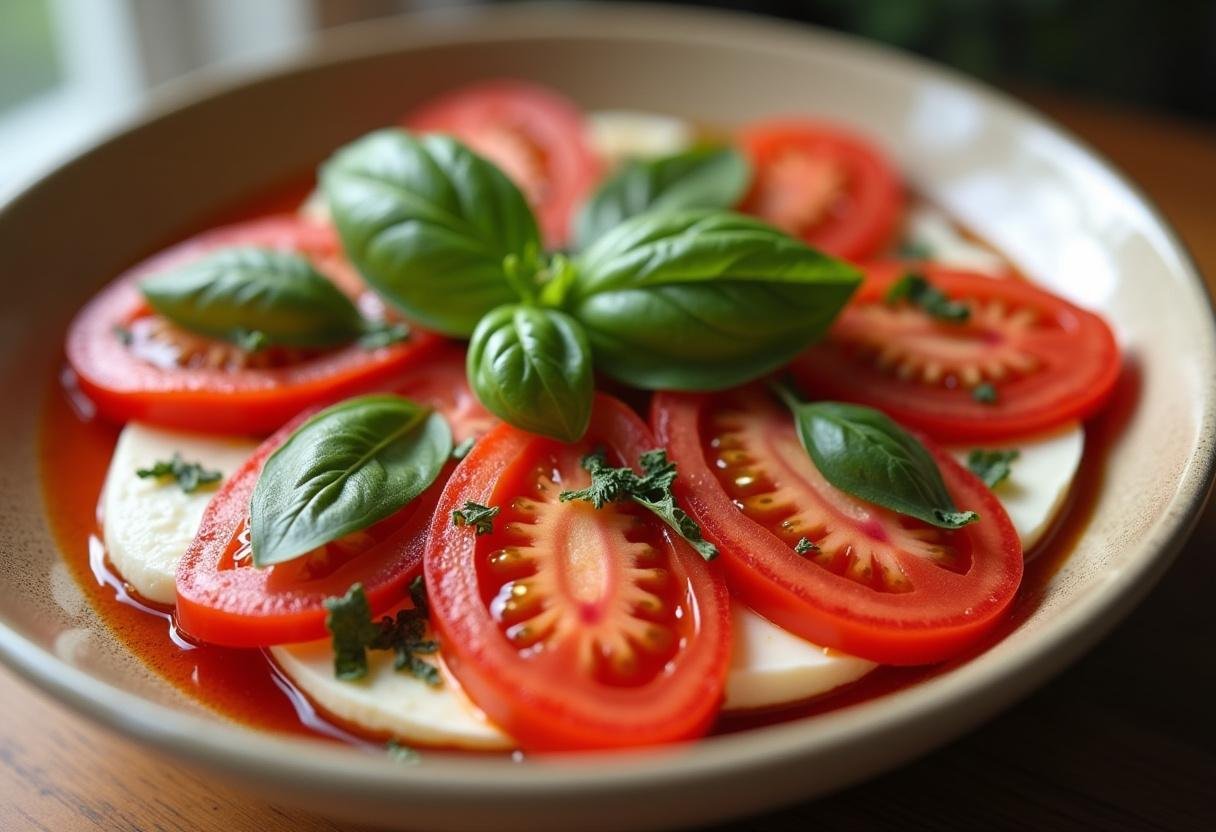 Schichten von Tomaten und Mozzarella werden in einer Schüssel für den italienischen Salat angeordnet.