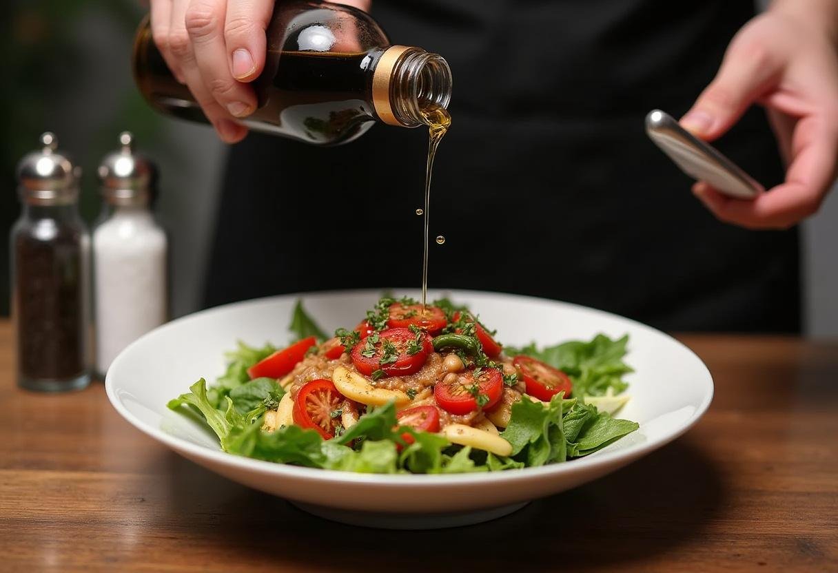 Olivenöl und Balsamico-Essig werden über den italienischen Tomate Mozzarella Salat gegeben.