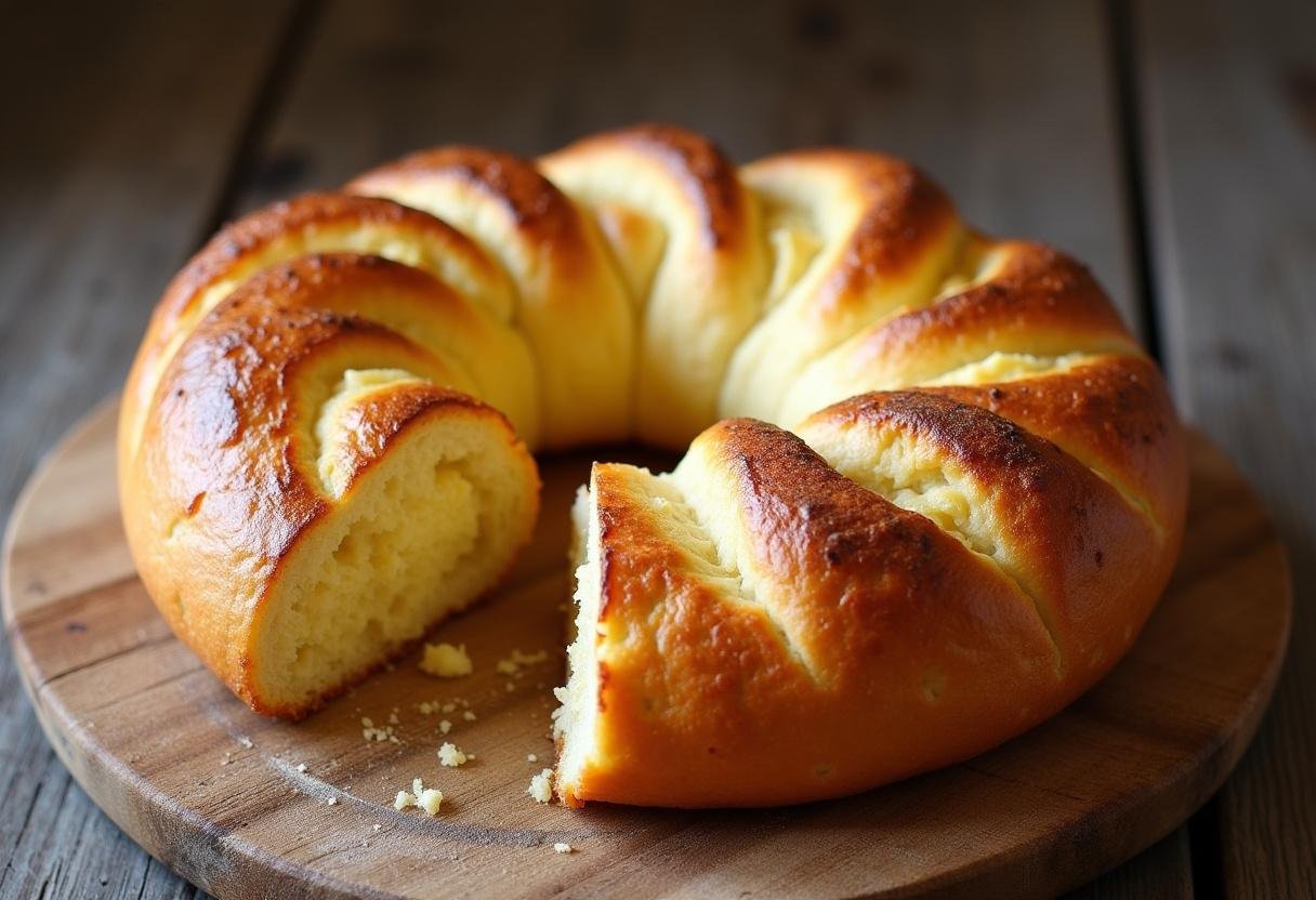 Fertiges Käse Knoblauch Zupfbrot, schön gebräunt und geschmolzenem Käse, perfekt zum Teilen.