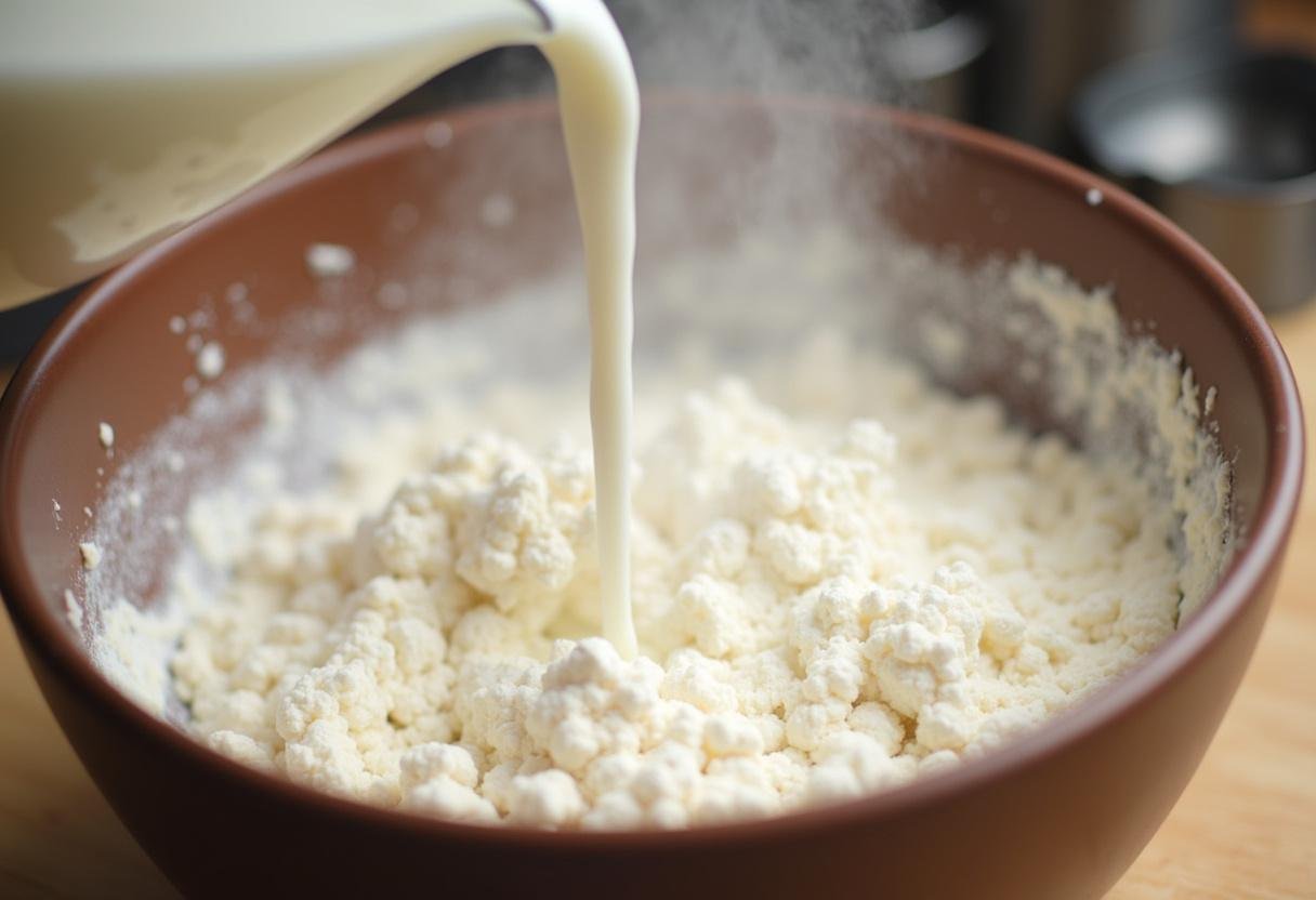 Warme Milch wird in die Schüssel mit den trockenen Zutaten für Käse Knoblauch Zupfbrot gegossen.