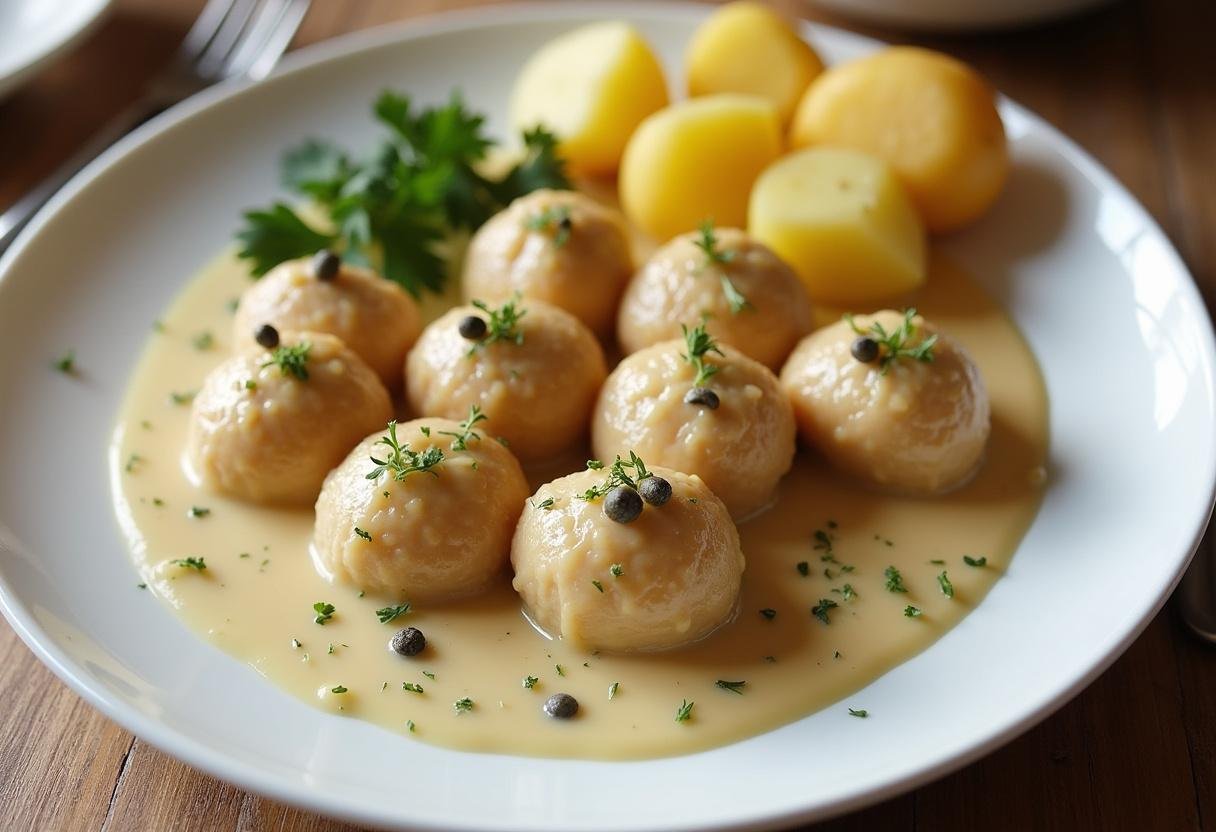 Fertige Königsberger Klopse in Sahnesoße mit Petersilie und Kapern garniert, serviert mit Kartoffeln.