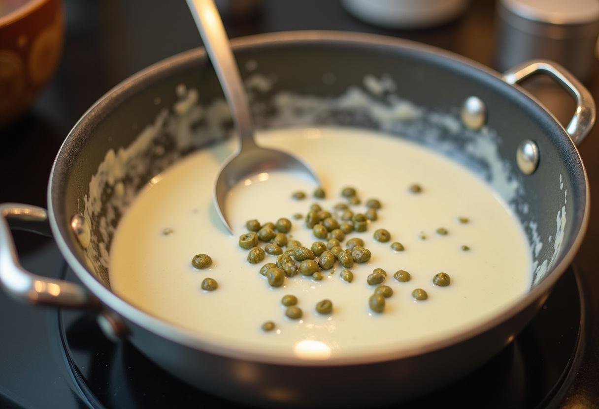 Sahnesoße mit Kapern für die Königsberger Klopse wird gerührt.