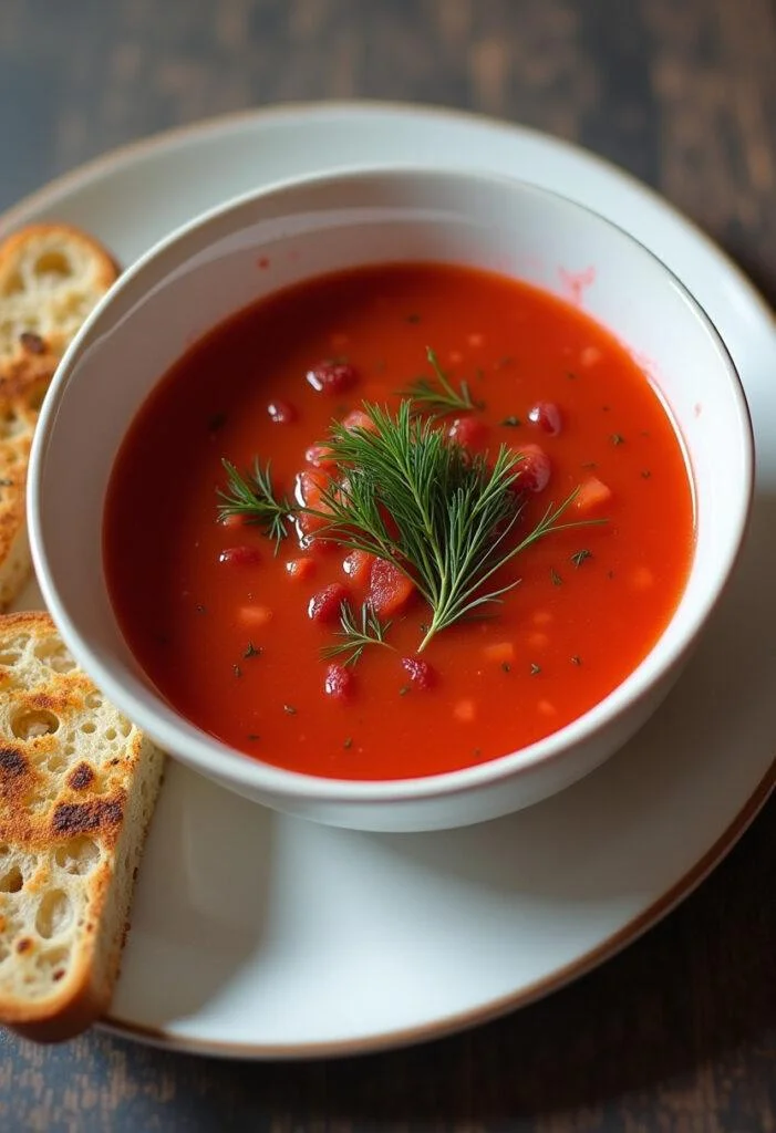Fertige Kalte Borschtsch Suppe, reich an Farben und serviert mit knusprigem Brot.