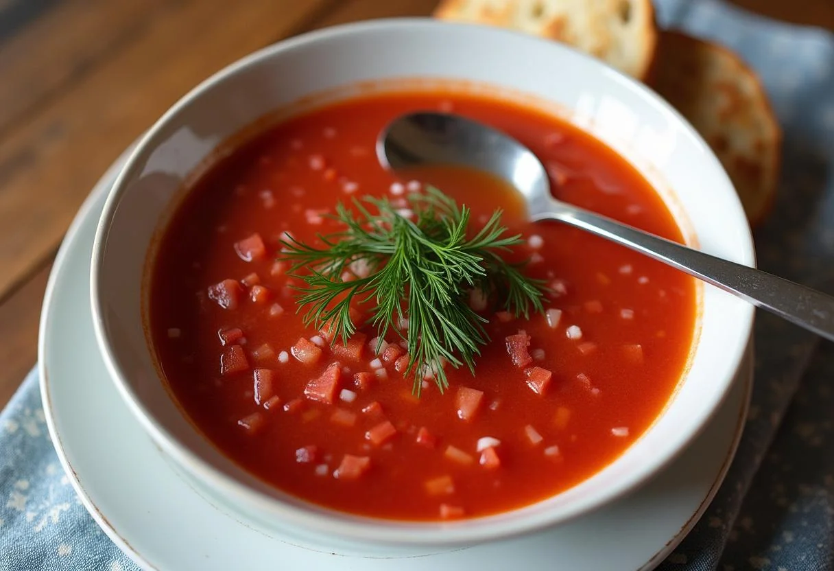 Fertige Kalte Borschtsch Suppe, reich an Farben und serviert mit knusprigem Brot.