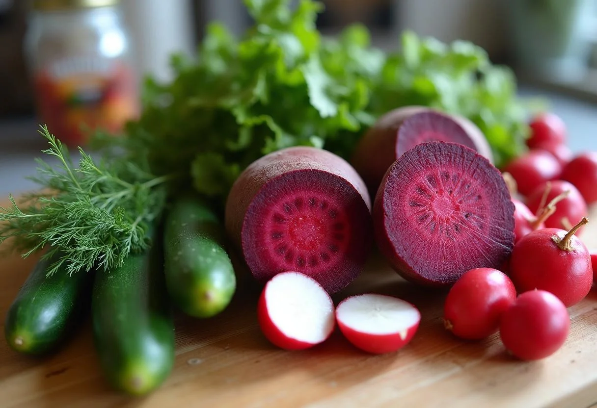 Frische Zutaten für Kalte Borschtsch Suppe, bestehend aus Rüben, Gurken, Radieschen und Dill.