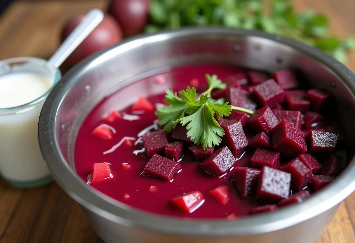 Vorbereitung von Kalte Borschtsch Suppe mit gewürfelten Rüben und gehacktem Gemüse in einer Schüssel.