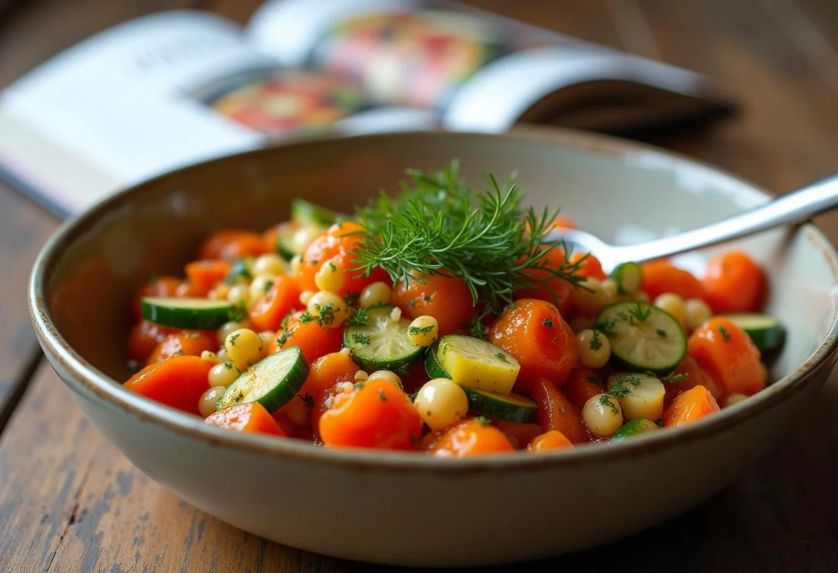 Gemischte Zutaten für Kalte Borschtsch Suppe in einer Schüssel, garniert mit frischem Dill.