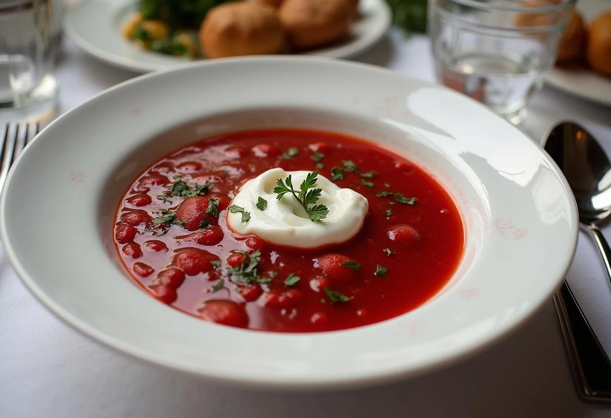 Chilierte Kalte Borschtsch Suppe in einer Schüssel, garniert mit Sauerrahm und frischen Kräutern auf einem Tisch.