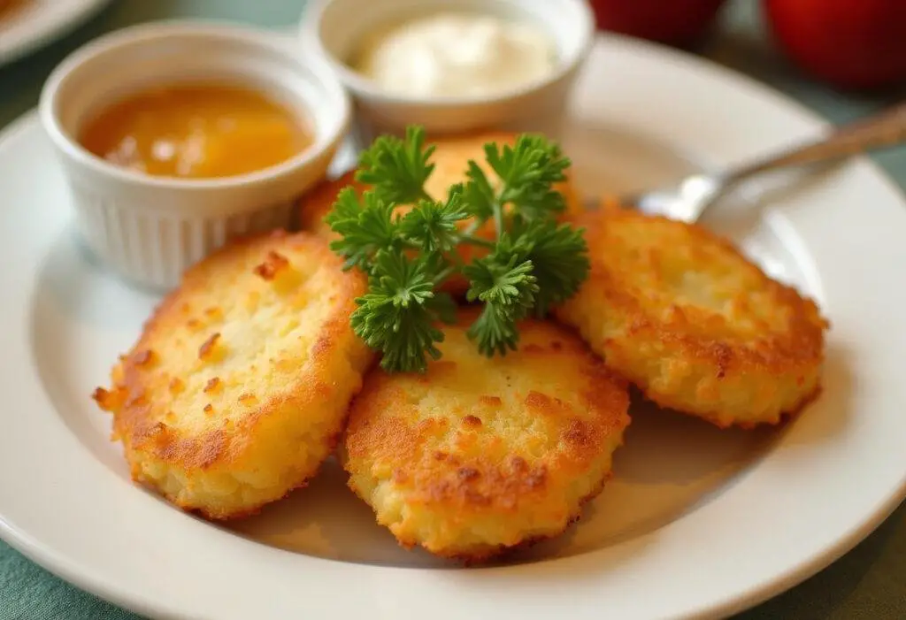 Delicious homemade Kartoffelpuffer served with applesauce and sour cream.