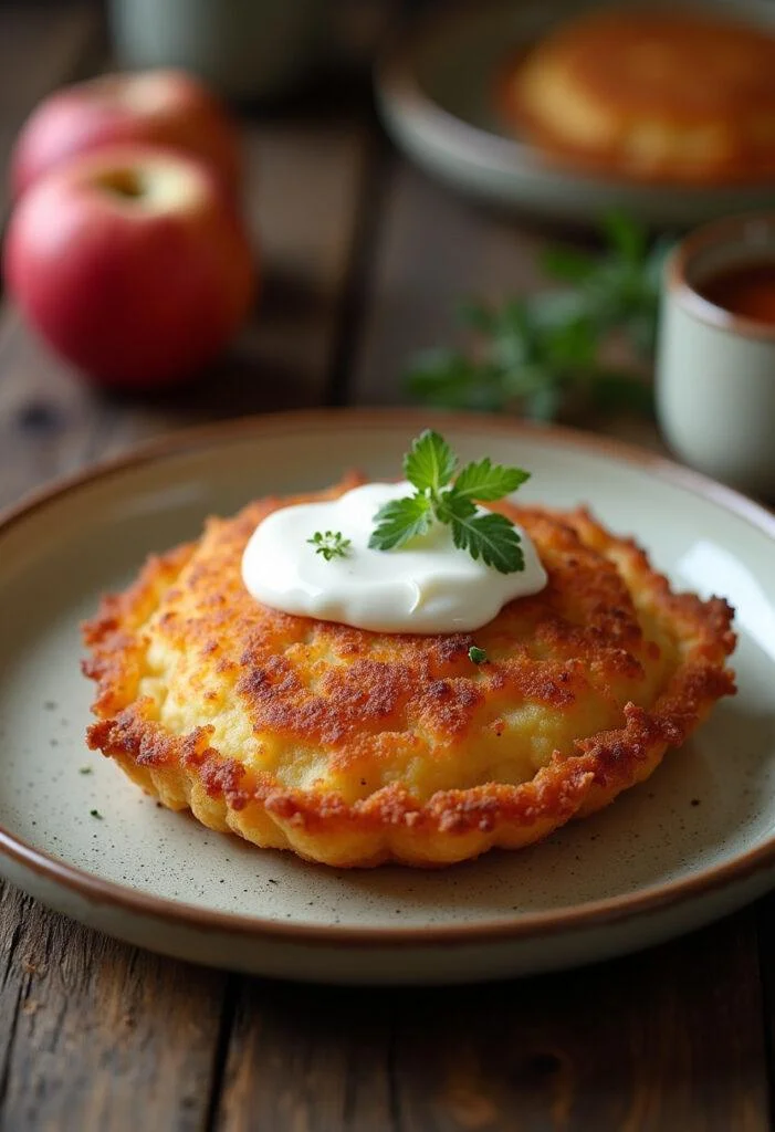 Crispy Kartoffelpuffer served with applesauce and sour cream.
