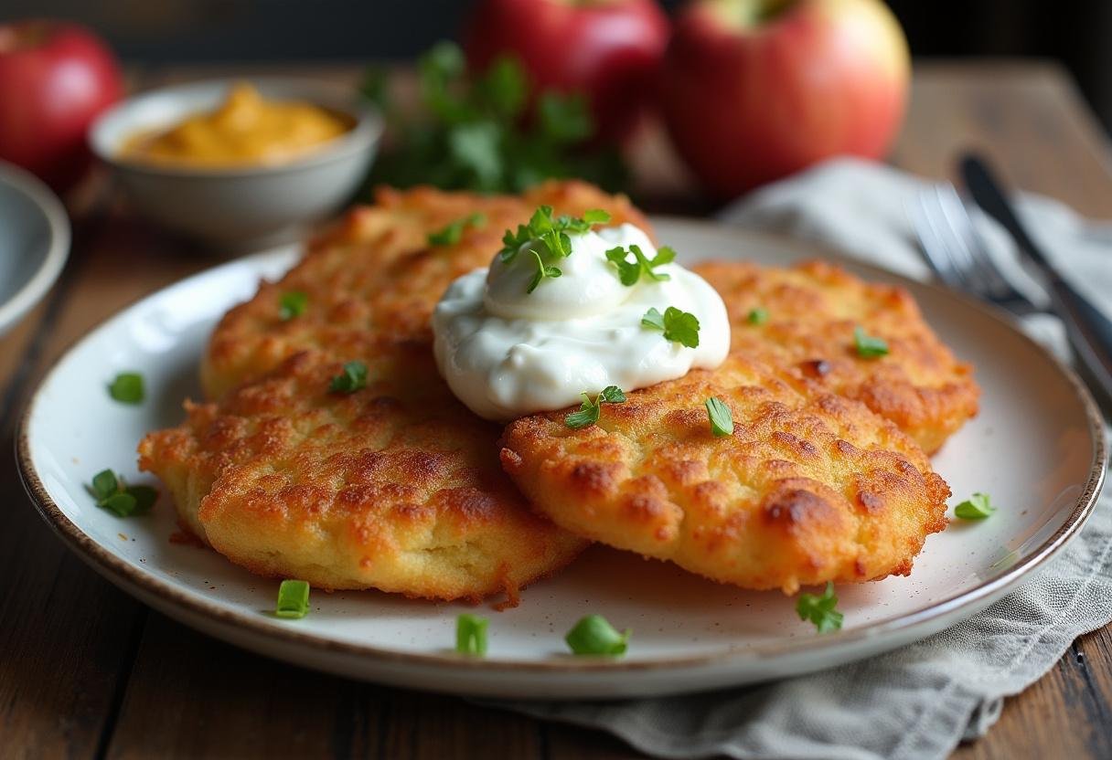 Knusprige Kartoffelpuffer mit Apfelmus und Sauerrahm serviert.