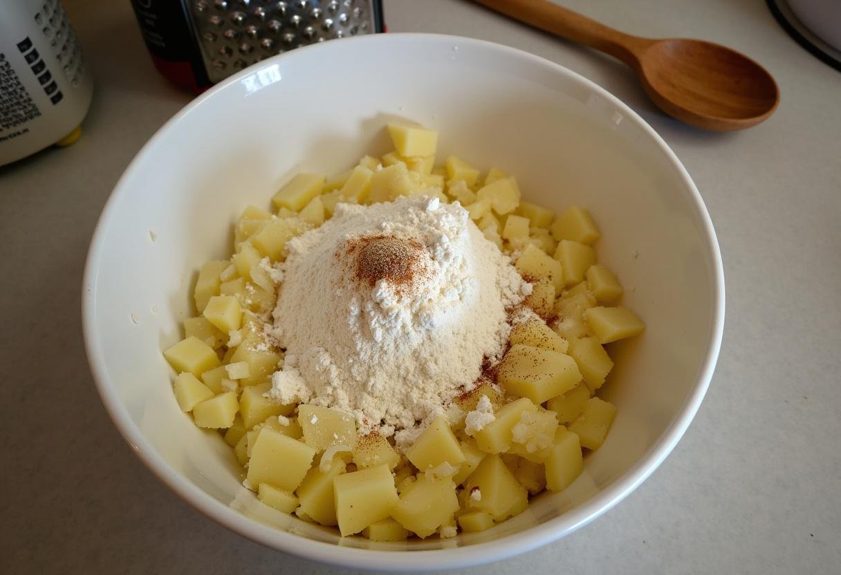 Geriebene Kartoffeln und Zwiebeln für die Zubereitung von Kartoffelpuffer.