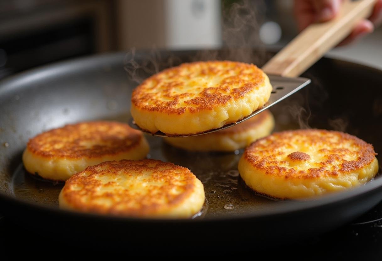 Goldbraune Kartoffelpuffer in der Bratpfanne wenden.